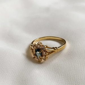VTG Gold Tone Blue & CZ Stones Flower Ring, sz11.5